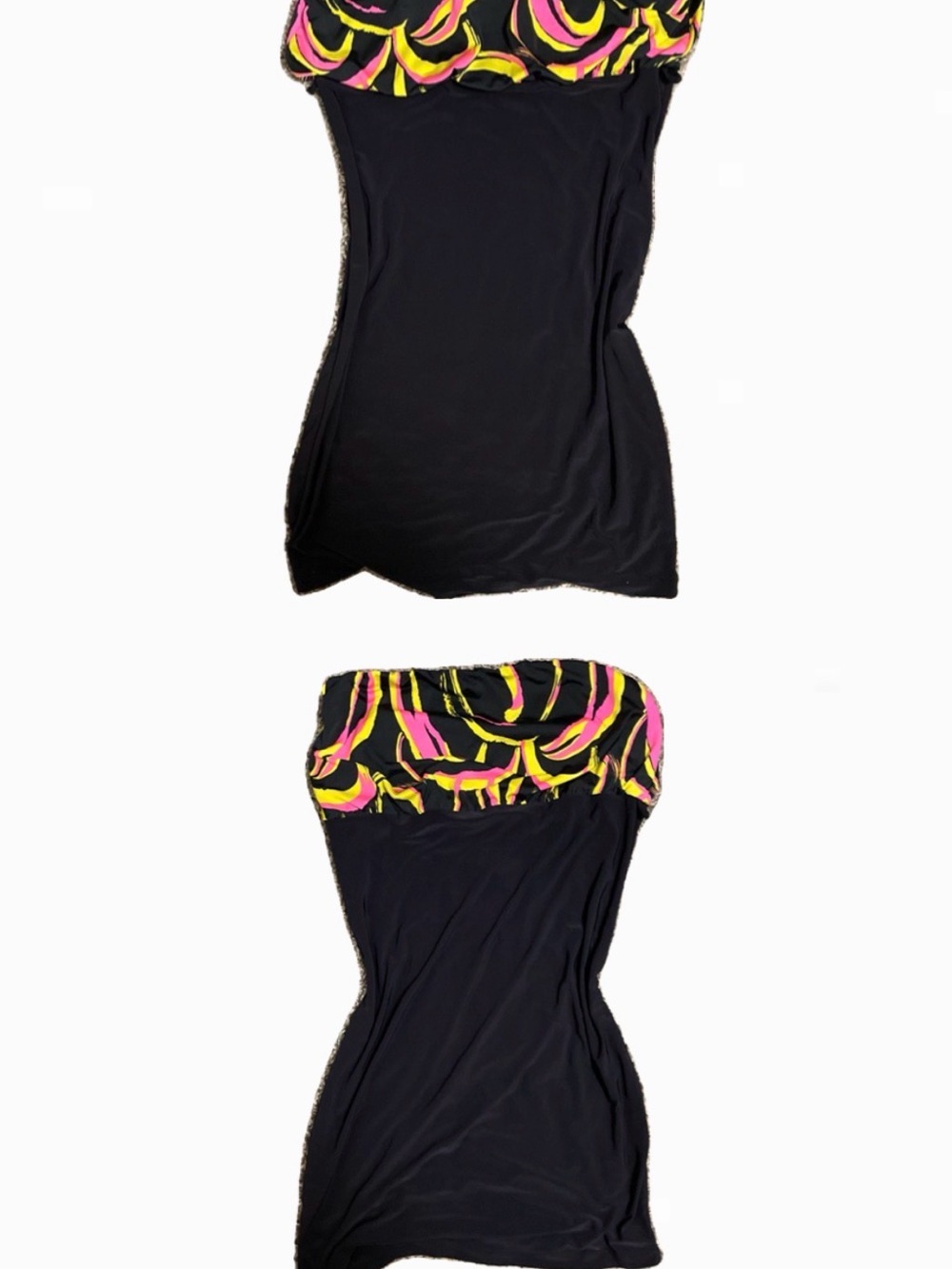 Strapless Black Dress with Pink & Yellow Patterned Bust